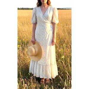 Dondolo Dress Floral Wrap Maxi with Puff Sleeves and Embroidered Collar M